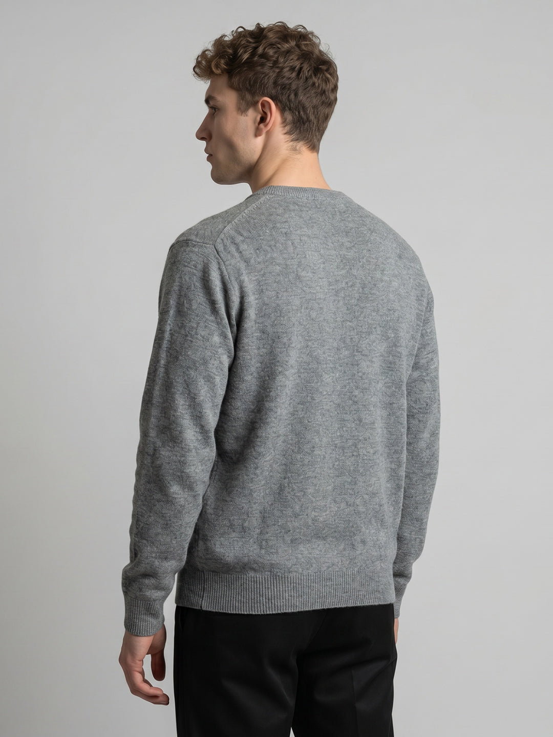 Men Grey Self Design V Neck Full Sleeve Pullover