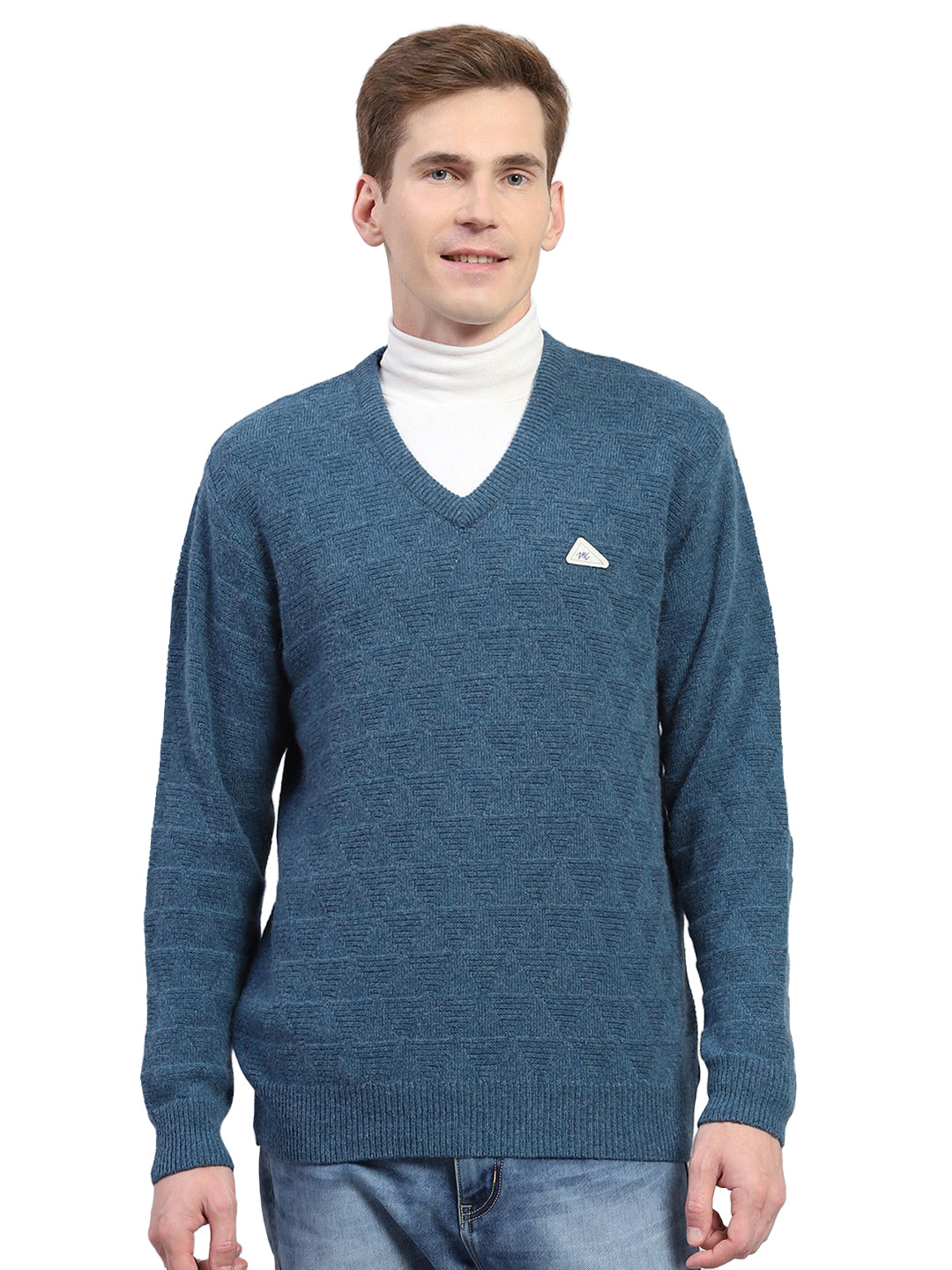 Men Blue Self Design V Neck Full Sleeve Pullover