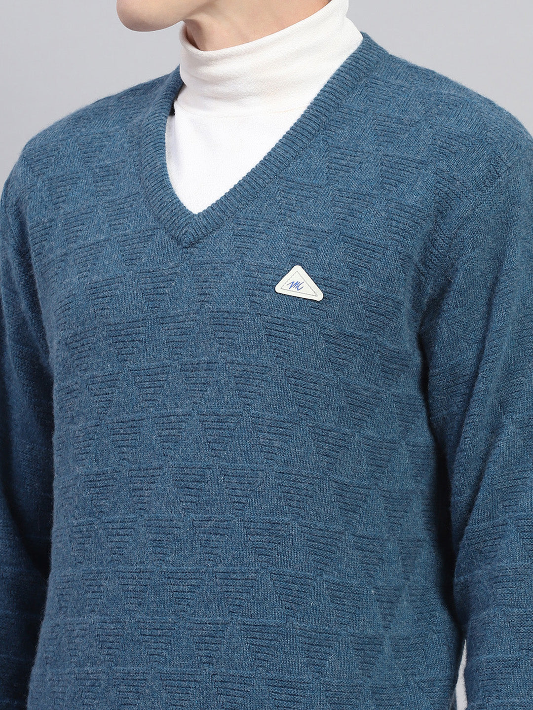 Men Blue Self Design V Neck Full Sleeve Pullover