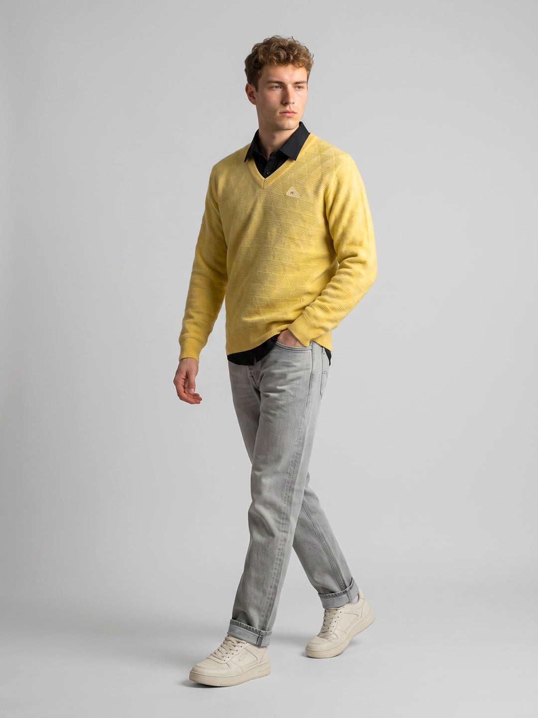 Men Yellow Self Design V Neck Full Sleeve Pullover