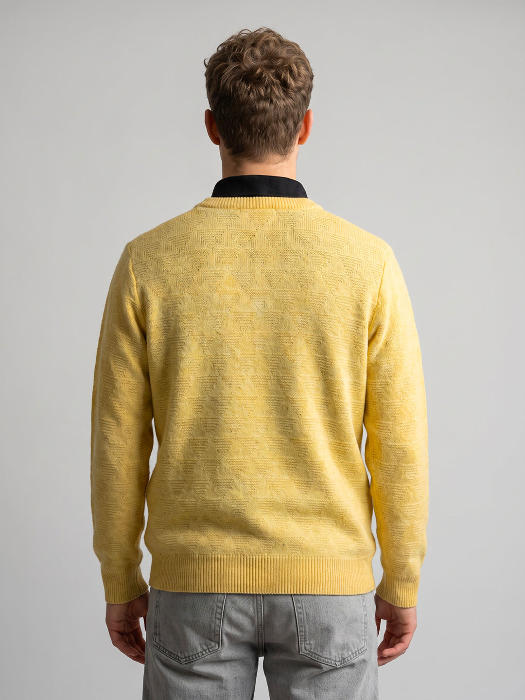Men Yellow Self Design V Neck Full Sleeve Pullover