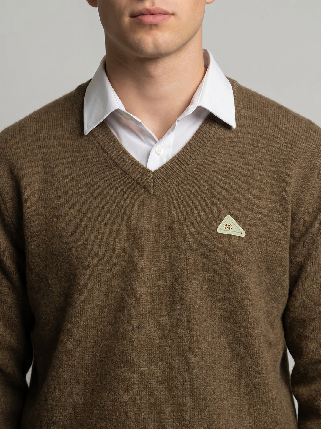 Men Brown Self Design V Neck Full Sleeve Pullover
