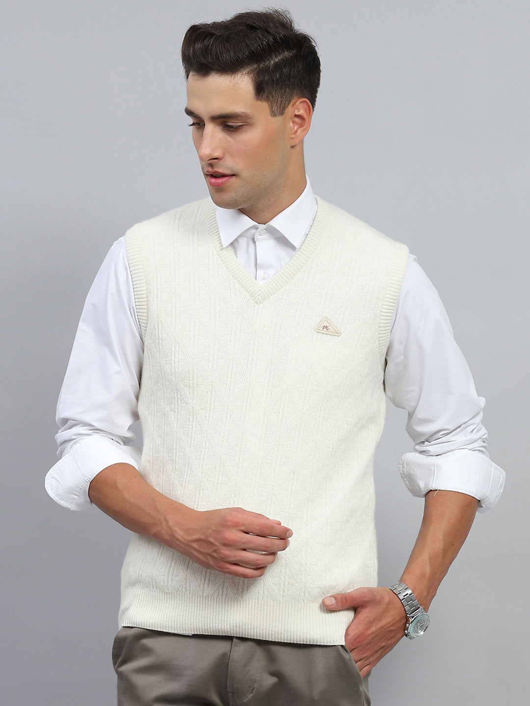Buy Men White Self Design V Neck Sleeveless Sweater Online in