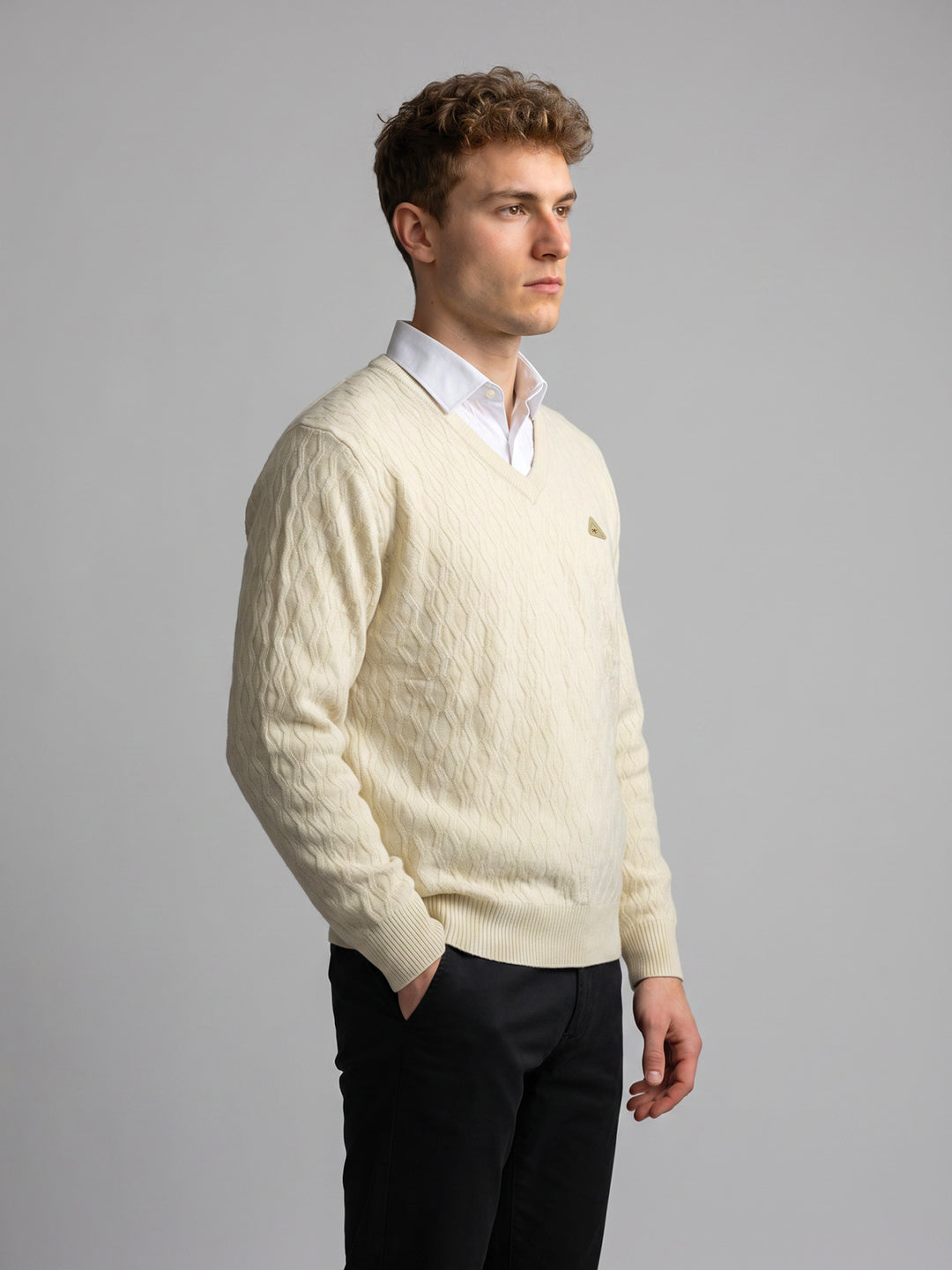 Men Cream Self Design V Neck Full Sleeve Pullover