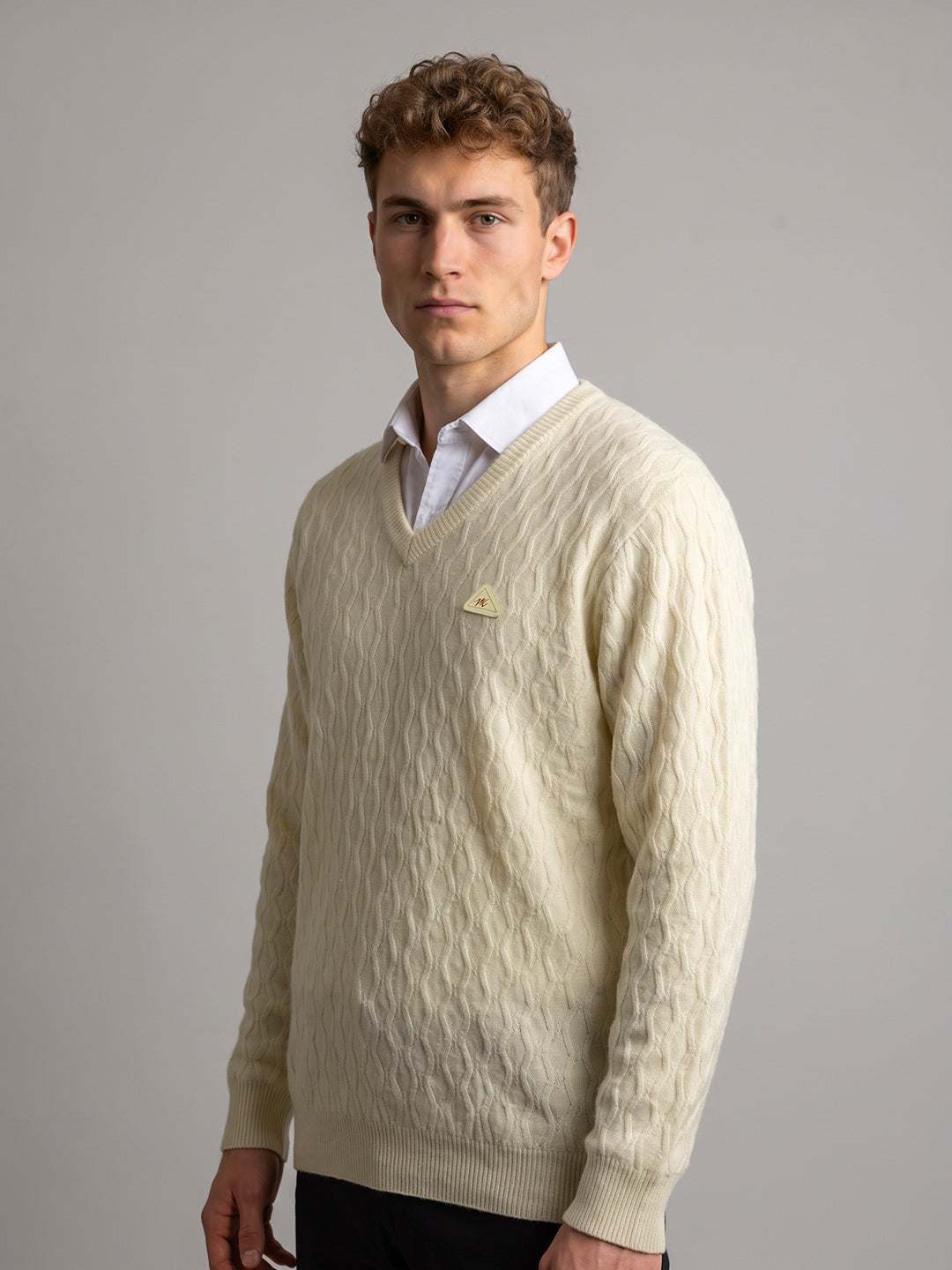 Men Cream Self Design V Neck Full Sleeve Pullover