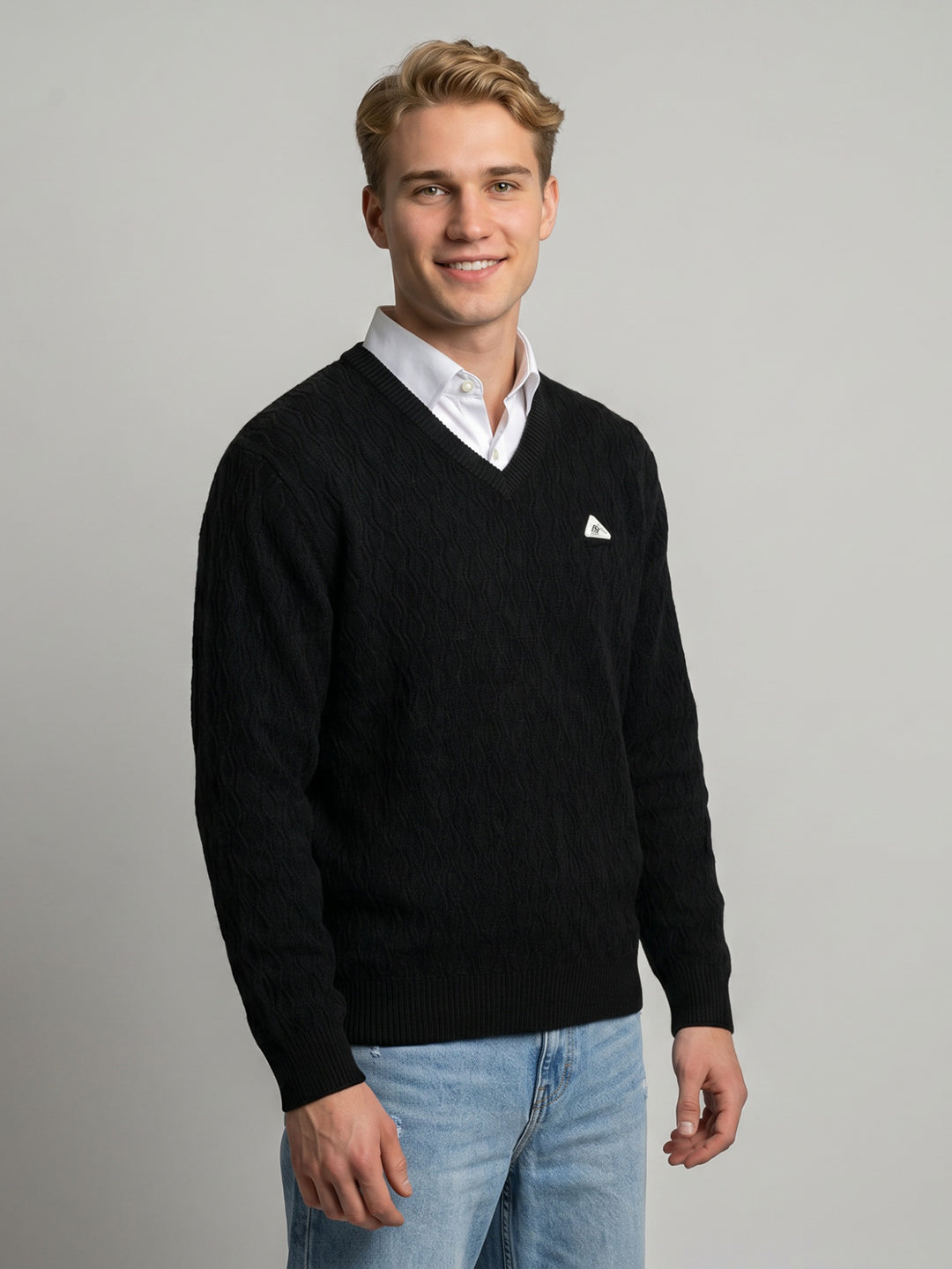 Men Black Self Design V Neck Full Sleeve Pullover