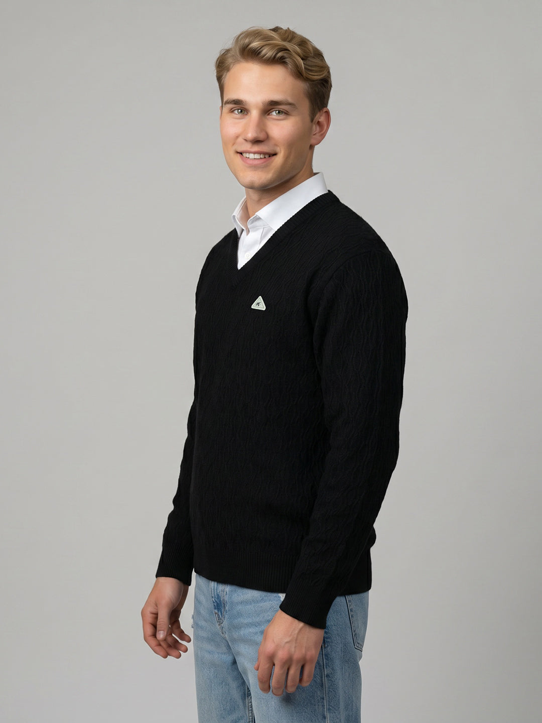 Men Black Self Design V Neck Full Sleeve Pullover