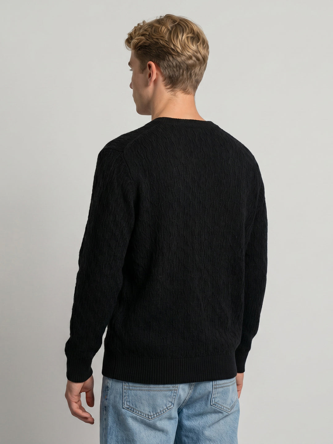 Men Black Self Design V Neck Full Sleeve Pullover