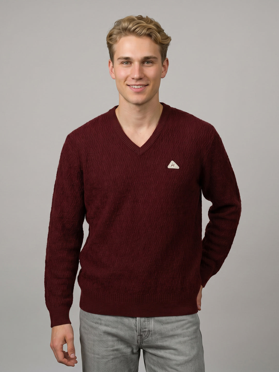 Men Maroon Self Design V Neck Full Sleeve Pullover