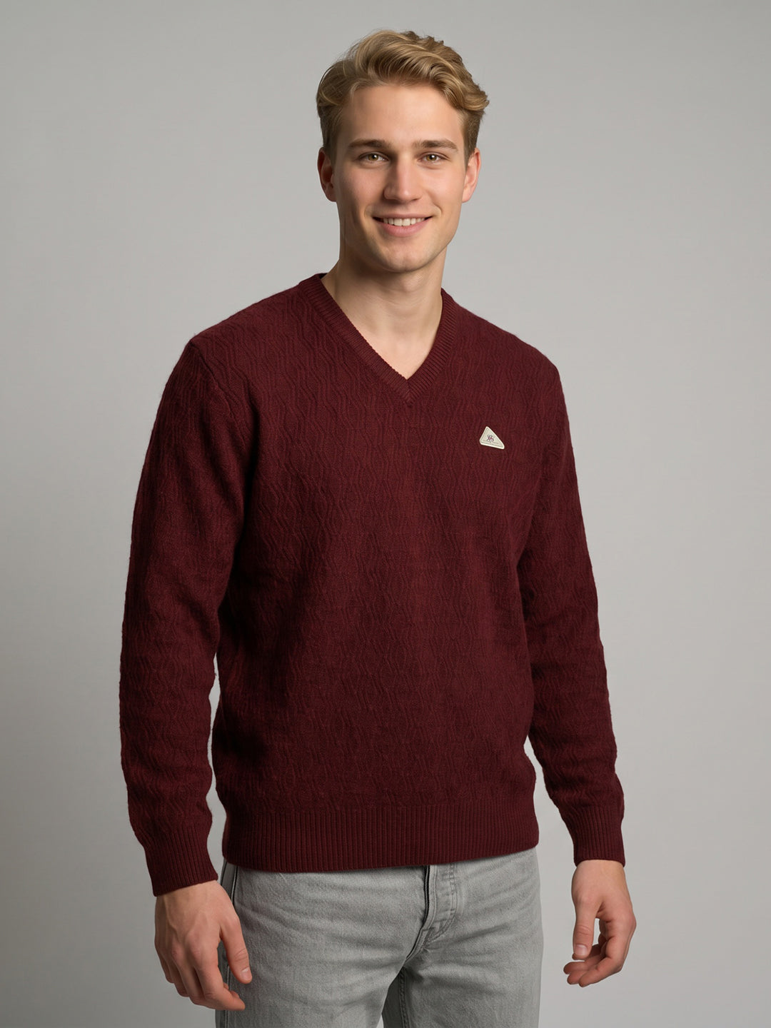 Men Maroon Self Design V Neck Full Sleeve Pullover