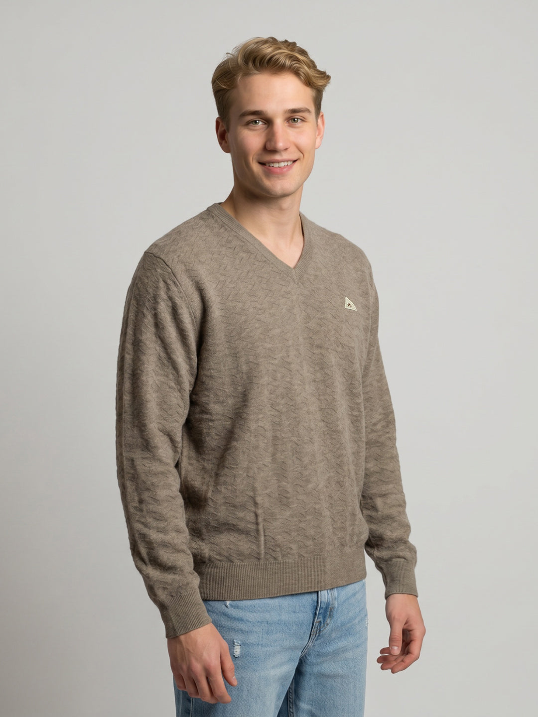 Men Camel Brown Self Design V Neck Full Sleeve Pullover
