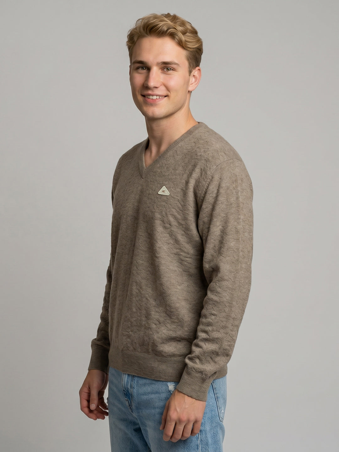 Men Camel Brown Self Design V Neck Full Sleeve Pullover