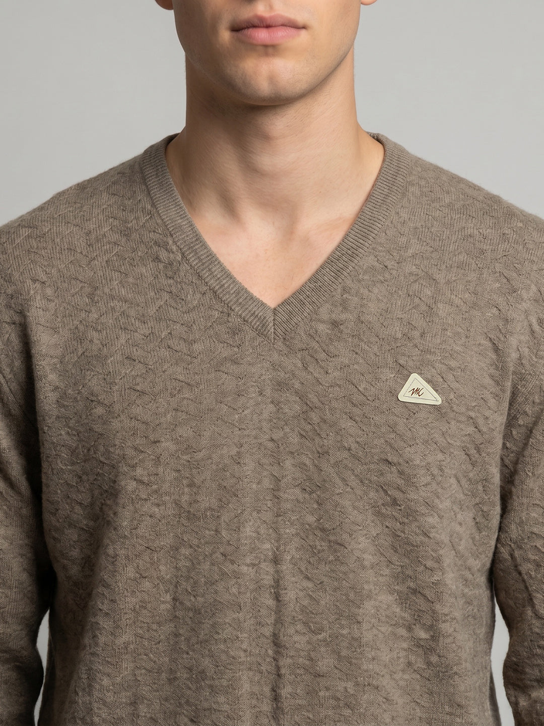 Men Camel Brown Self Design V Neck Full Sleeve Pullover