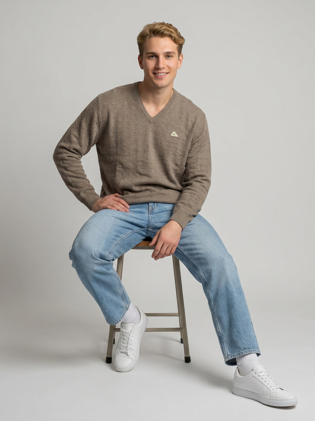Men Camel Brown Self Design V Neck Full Sleeve Pullover