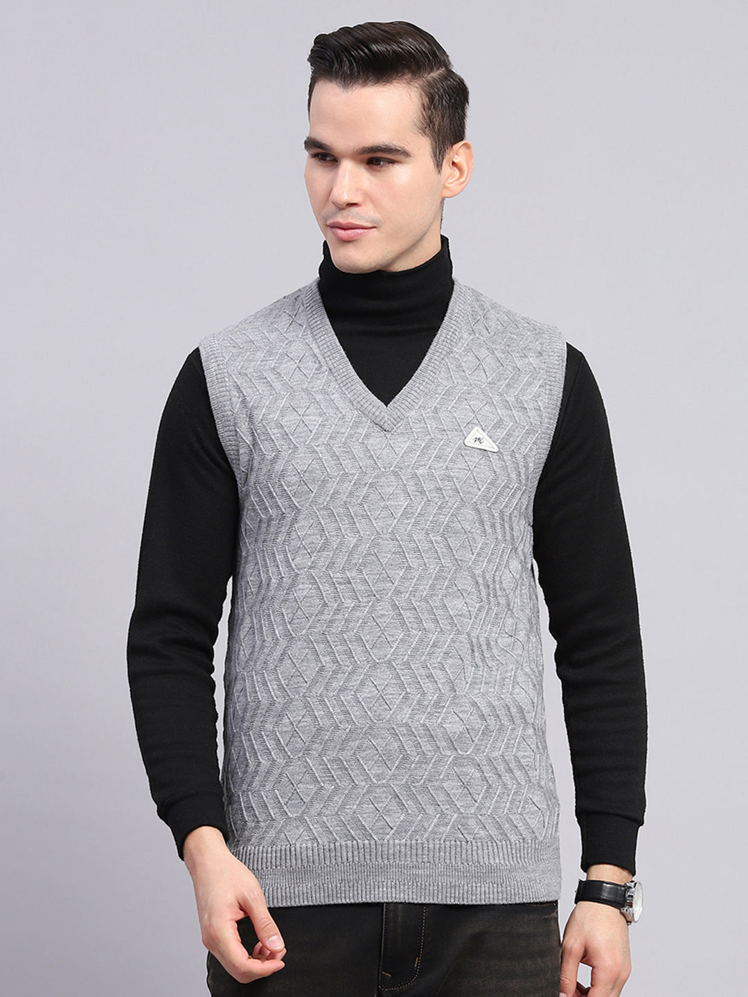 Men Grey Self Design V Neck Sleeveless Sweater - Main Image