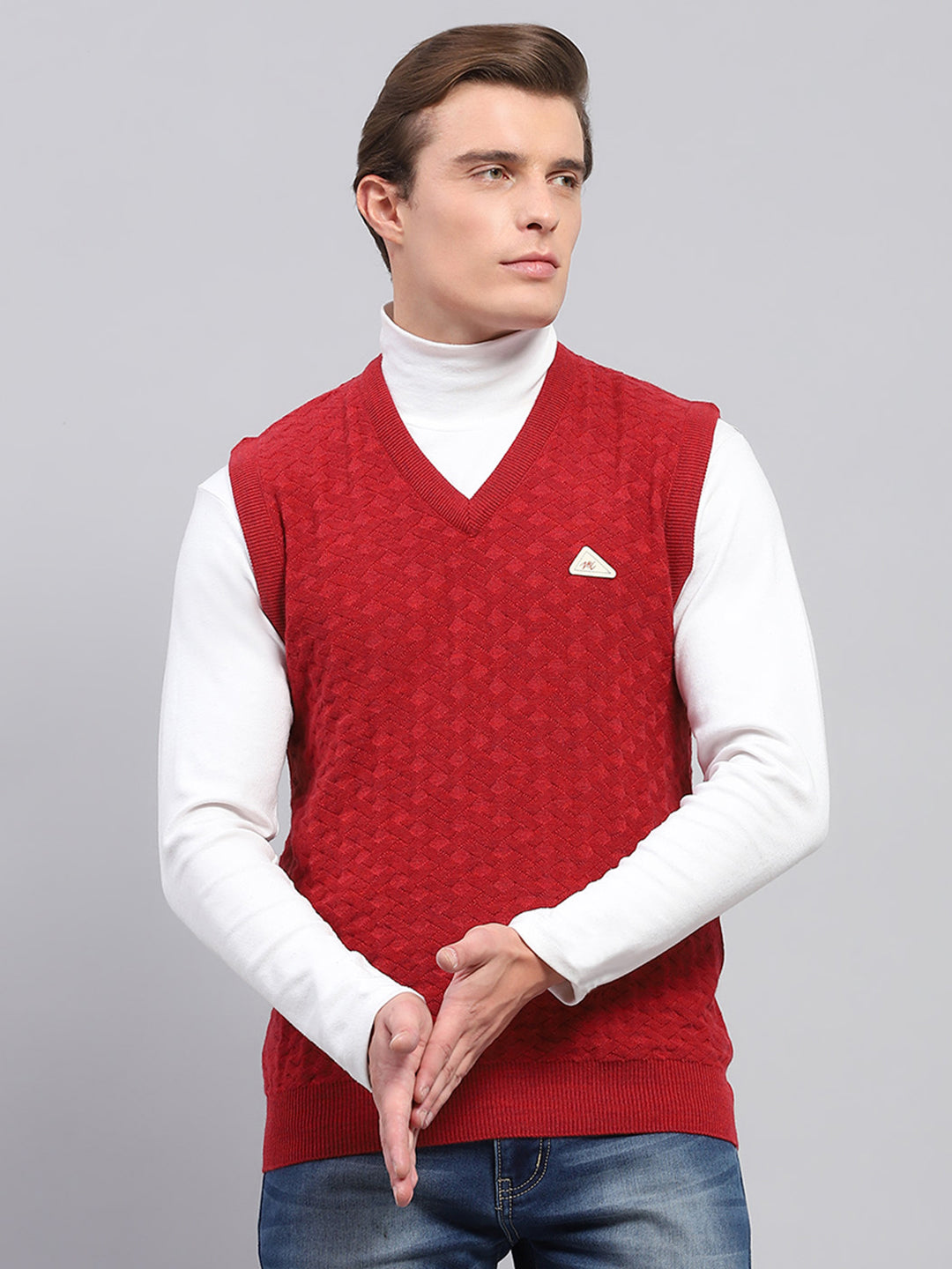 Men Red Self Design V Neck Sleeveless Sweater