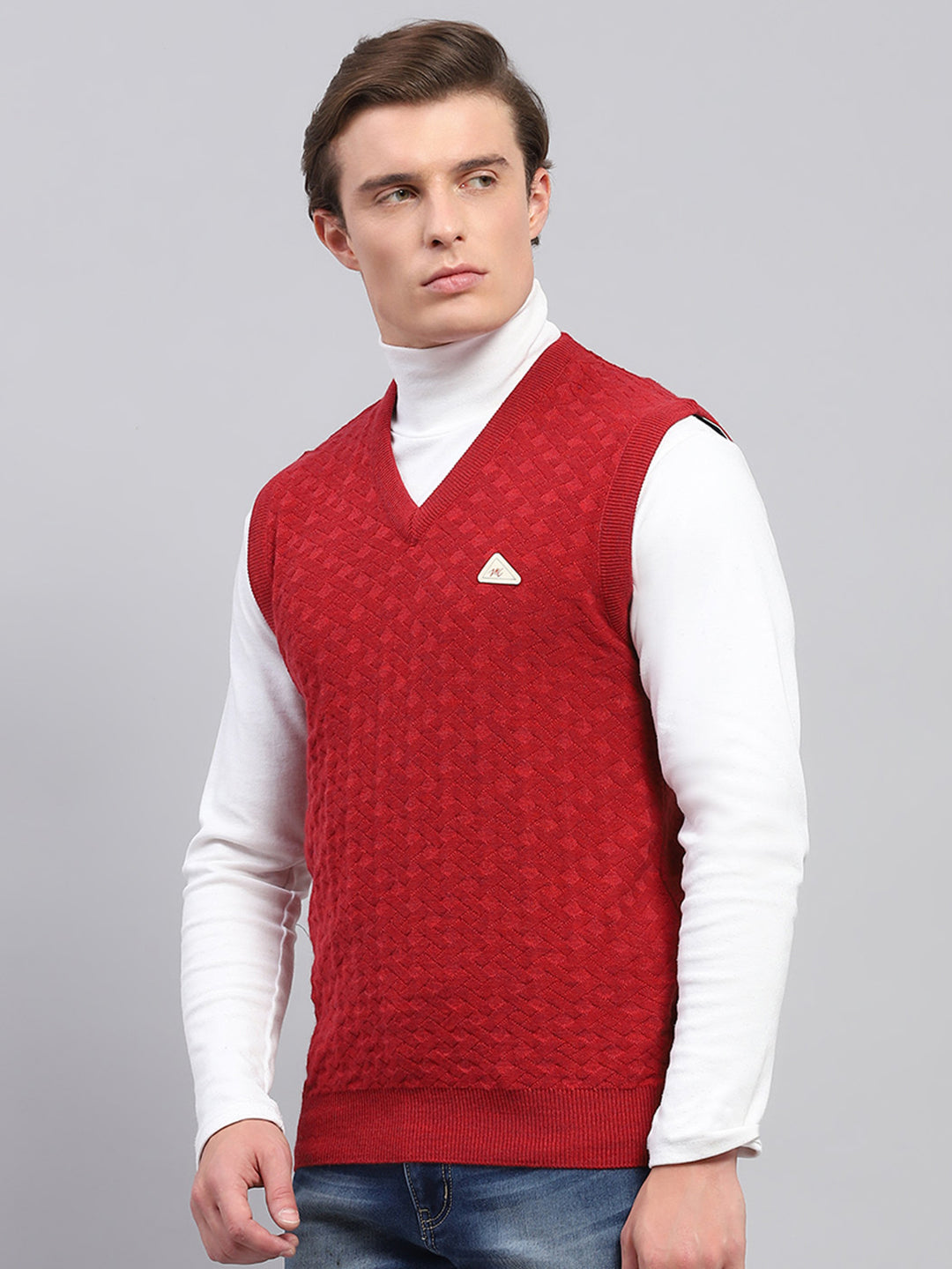 Men Red Self Design V Neck Sleeveless Sweater