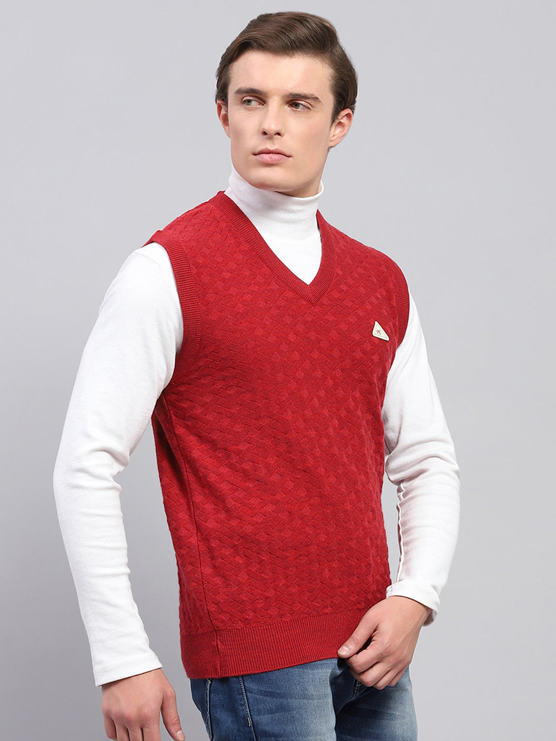 Men Red Self Design V Neck Sleeveless Sweater