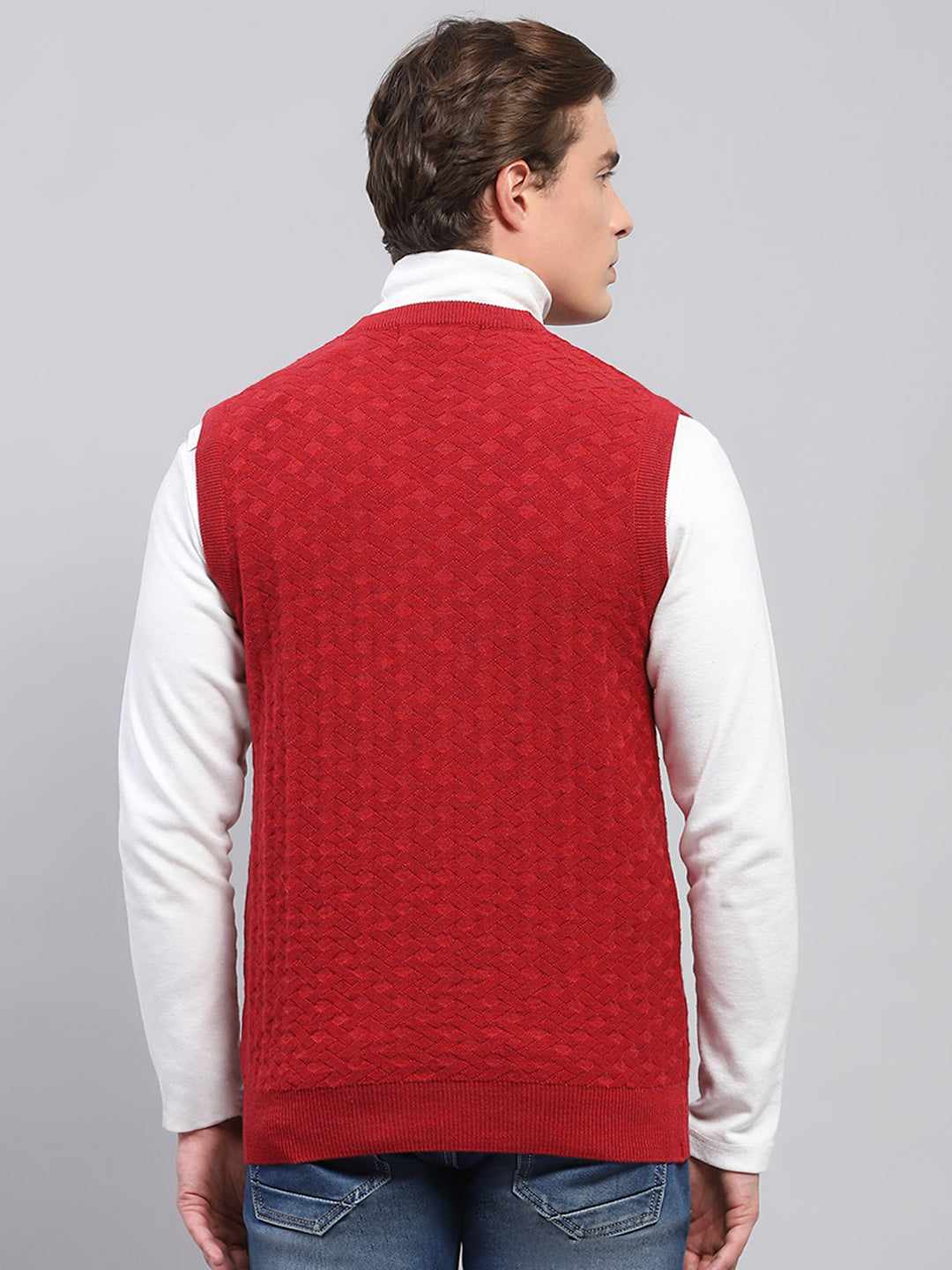 Men Red Self Design V Neck Sleeveless Sweater