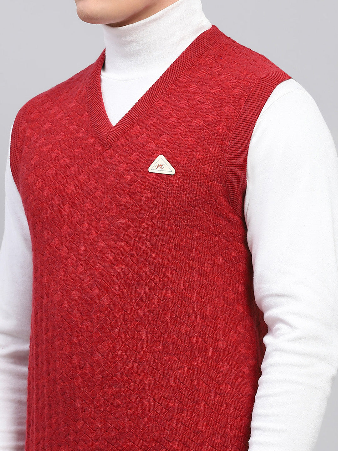 Men Red Self Design V Neck Sleeveless Sweater