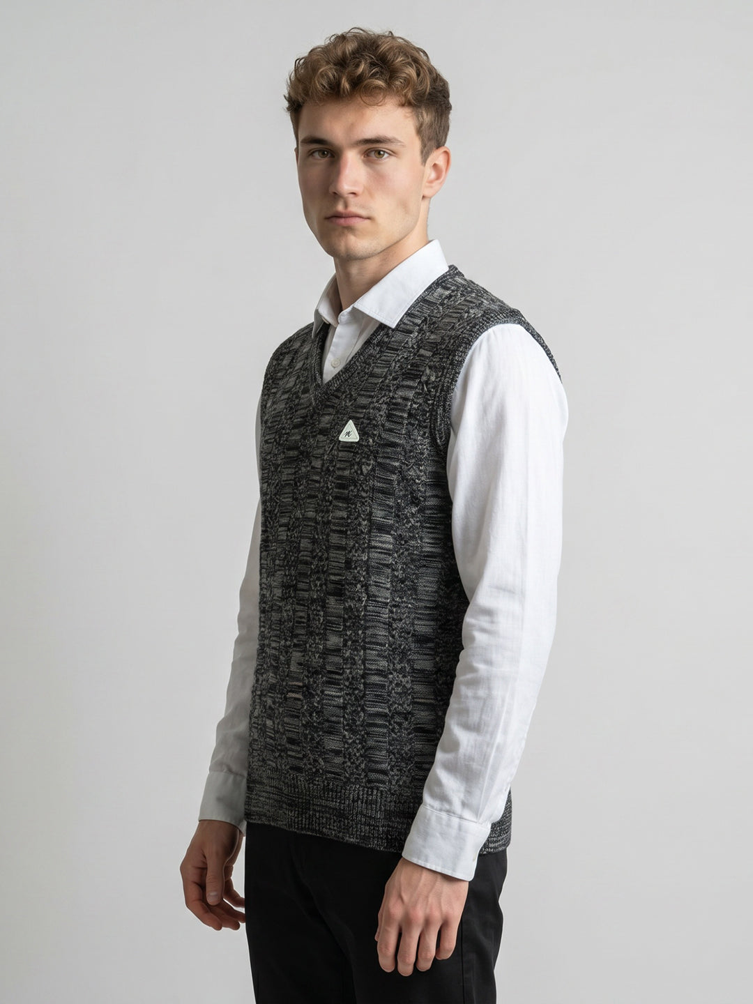 Men Black Jacquard V Neck Sleeveless Sweater