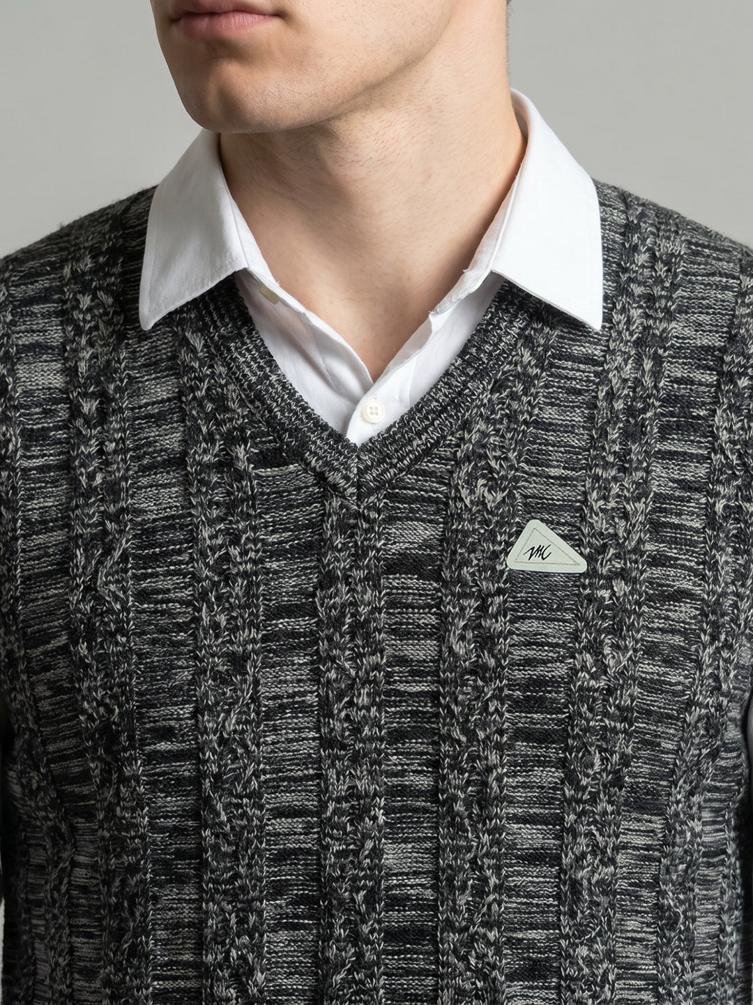 Men Black Jacquard V Neck Sleeveless Sweater