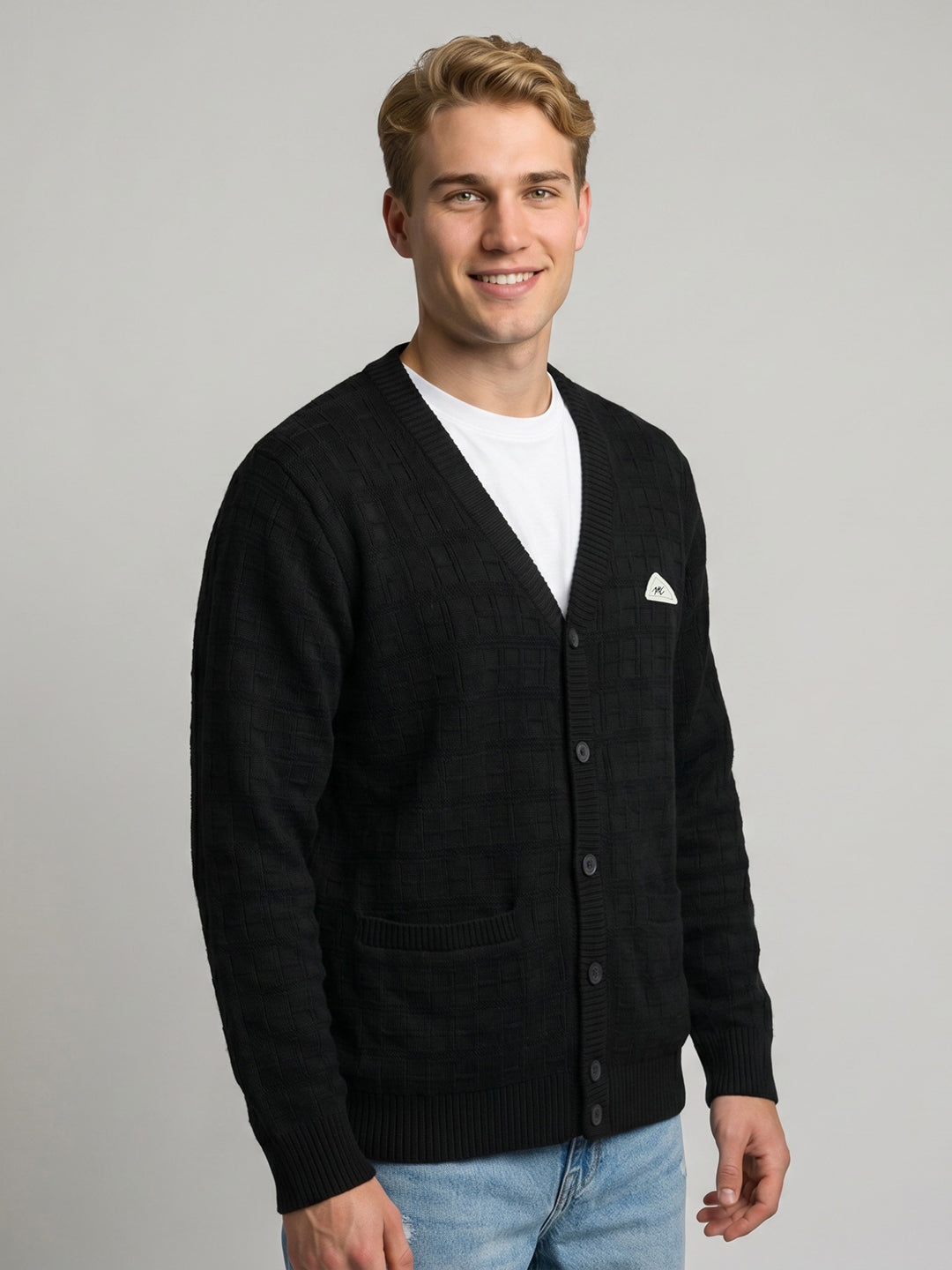 Men Black Self Design V Neck Full Sleeve Cardigan
