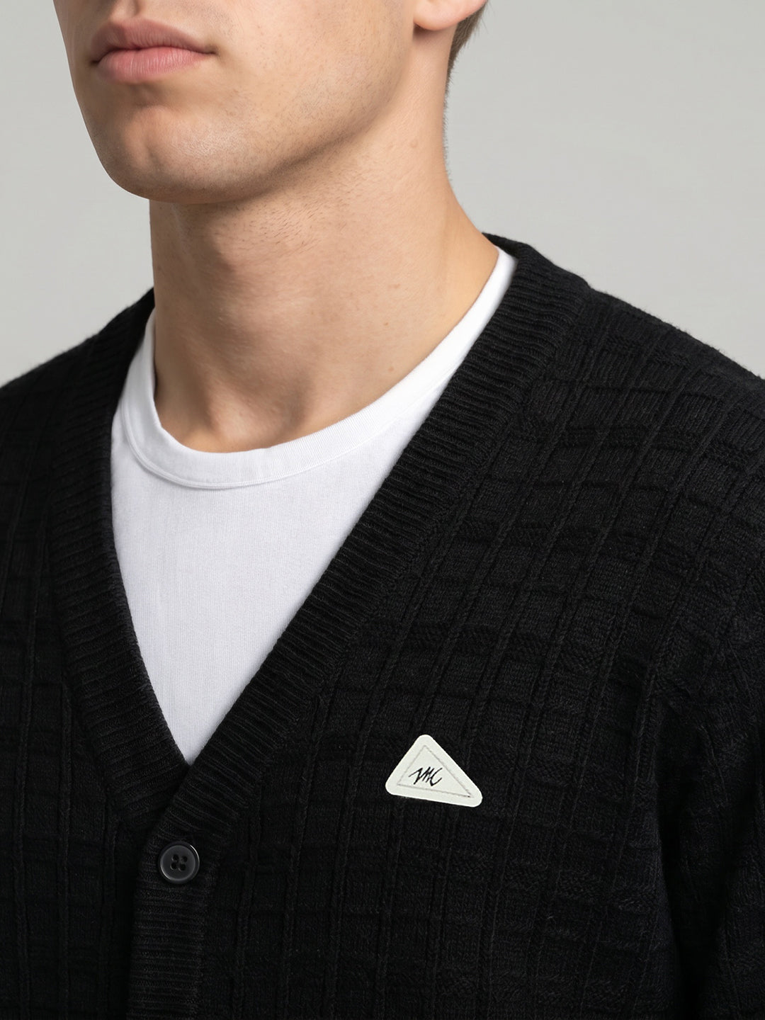 Men Black Self Design V Neck Full Sleeve Cardigan