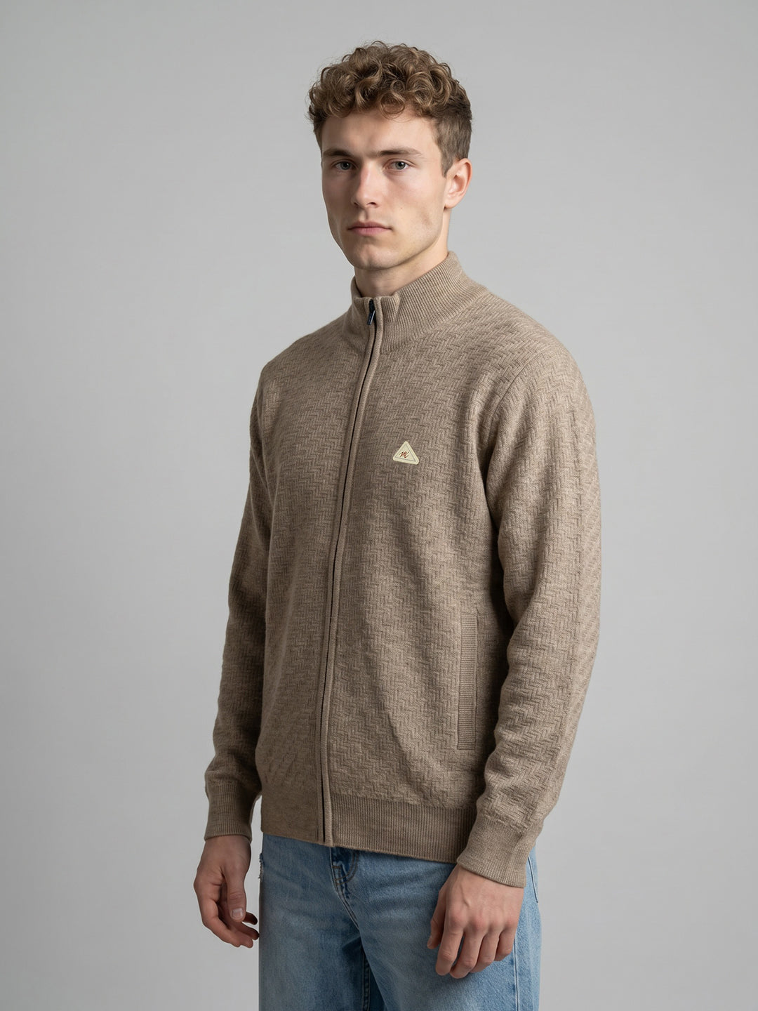 Men Beige Self Design Turtle Neck Full Sleeve Pullover