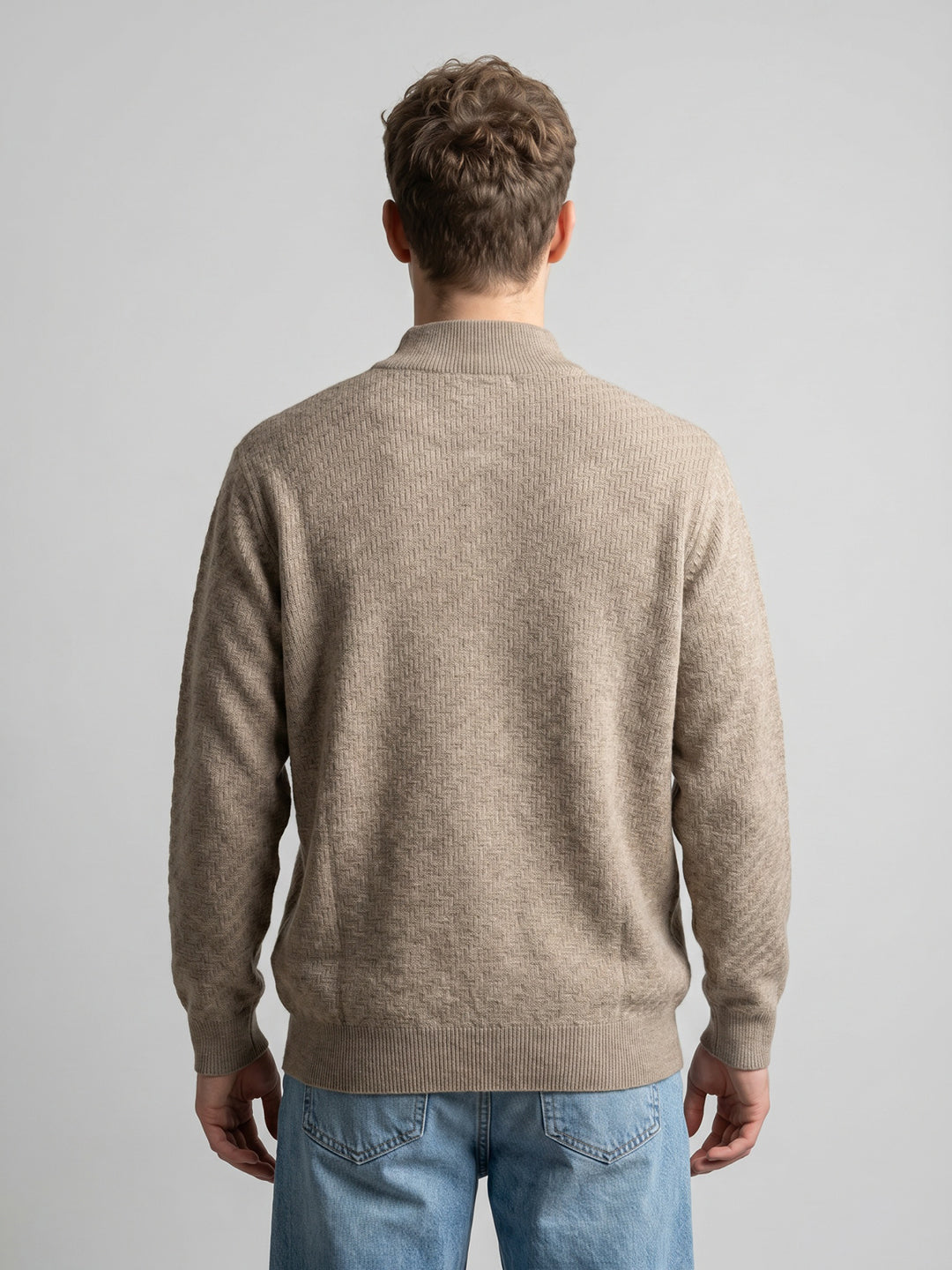 Men Beige Self Design Turtle Neck Full Sleeve Pullover