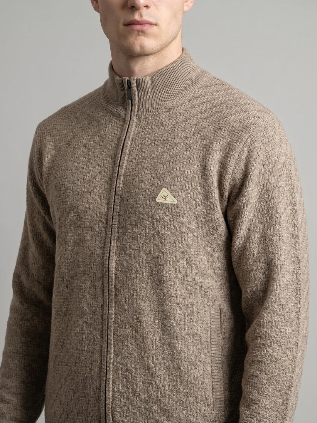Men Beige Self Design Turtle Neck Full Sleeve Pullover