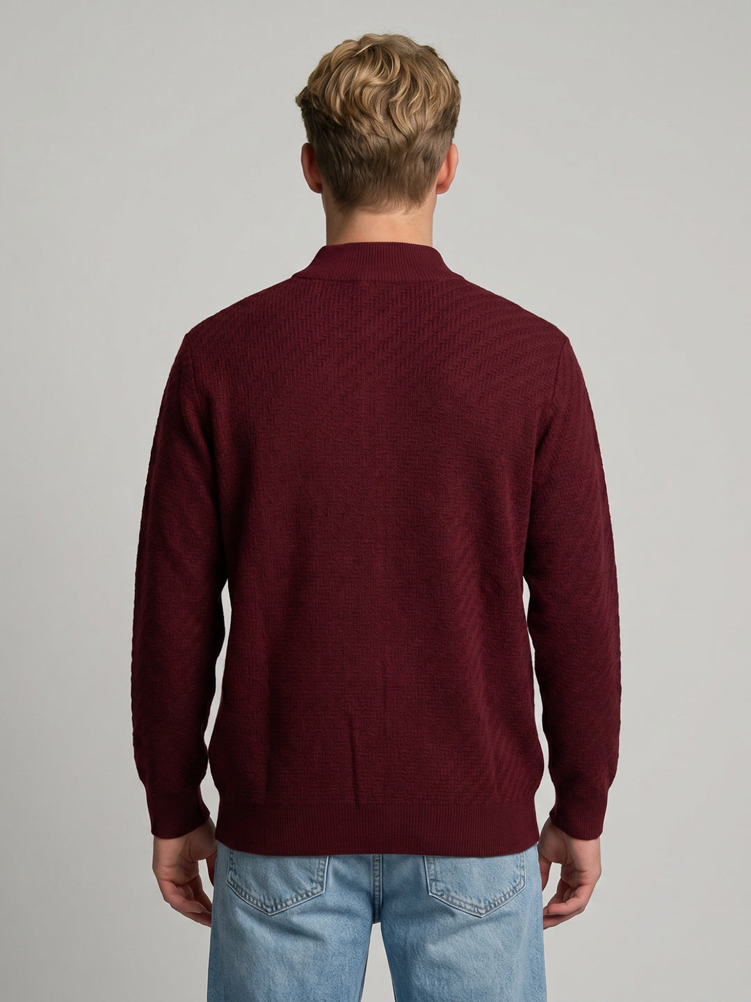 Men Purple Self Design Turtle Neck Full Sleeve Pullover