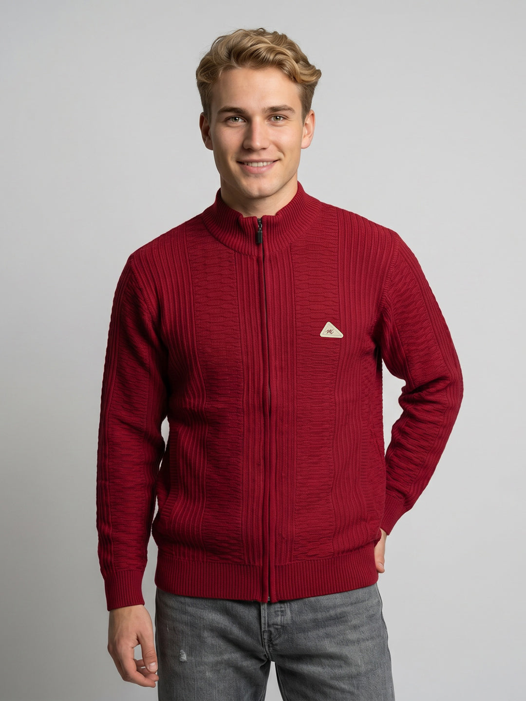 Men Red Self Design Turtle Neck Full Sleeve Cardigan