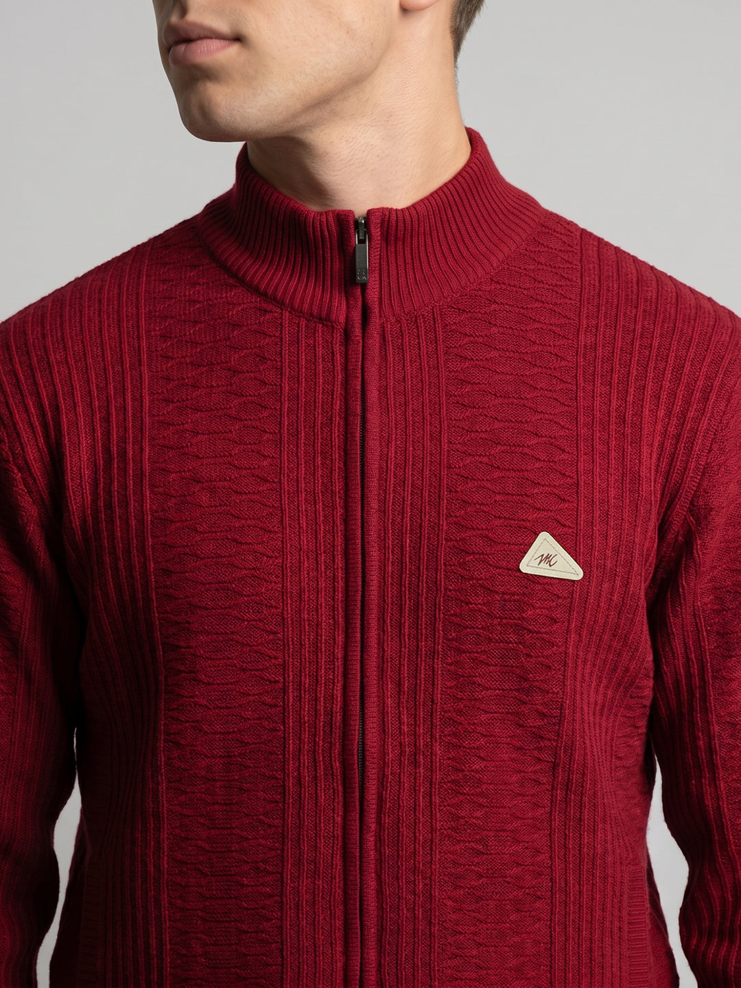 Men Red Self Design Turtle Neck Full Sleeve Cardigan