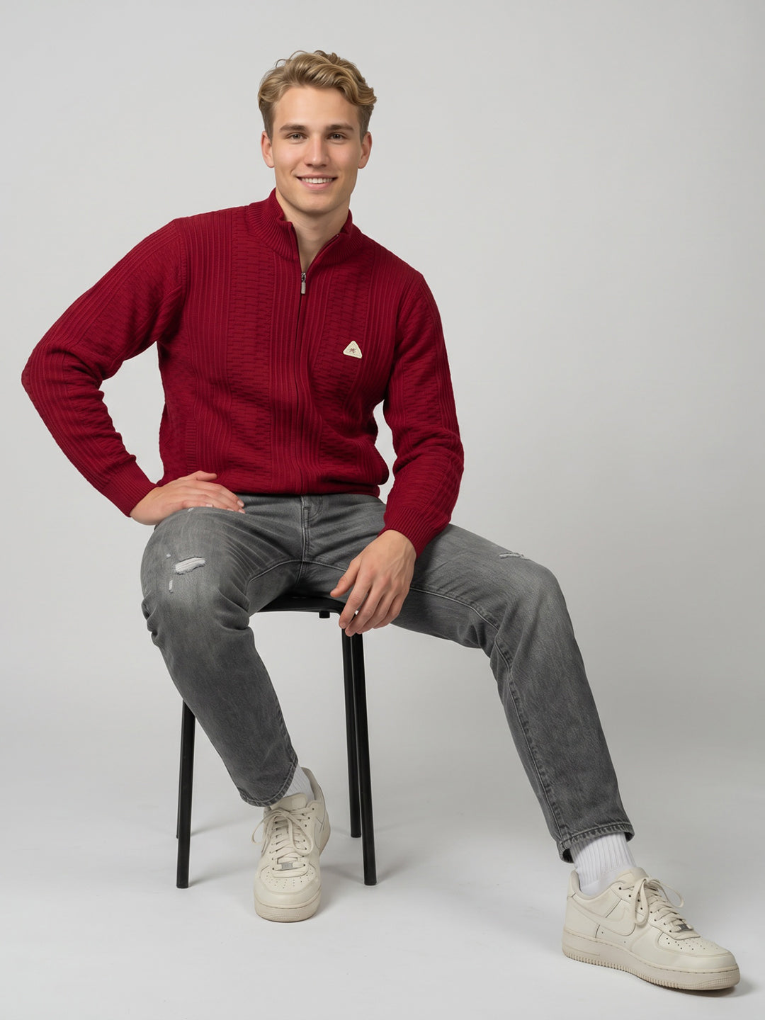 Men Red Self Design Turtle Neck Full Sleeve Cardigan