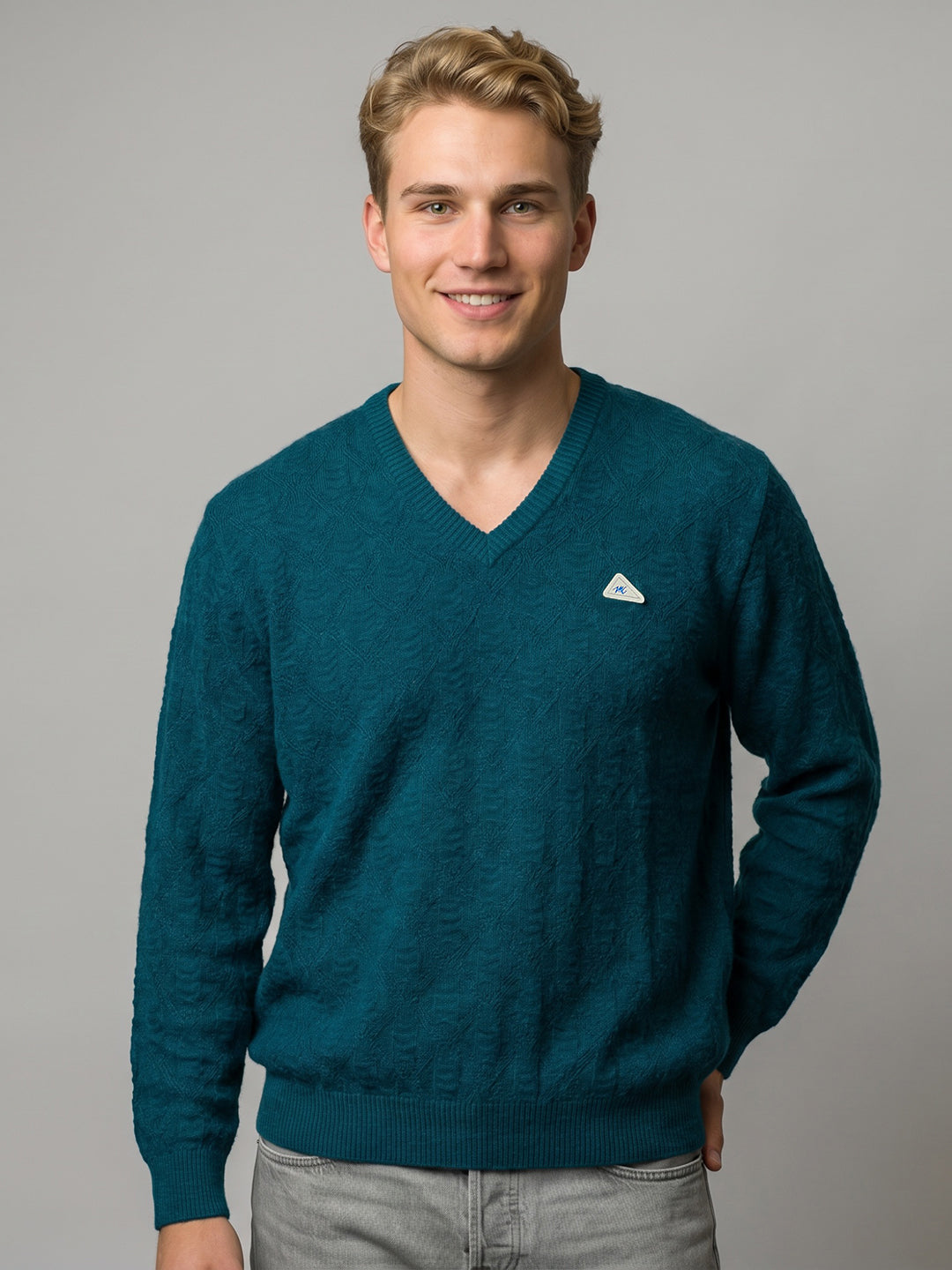 Men Teal Blue Self Design V Neck Full Sleeve Pullover