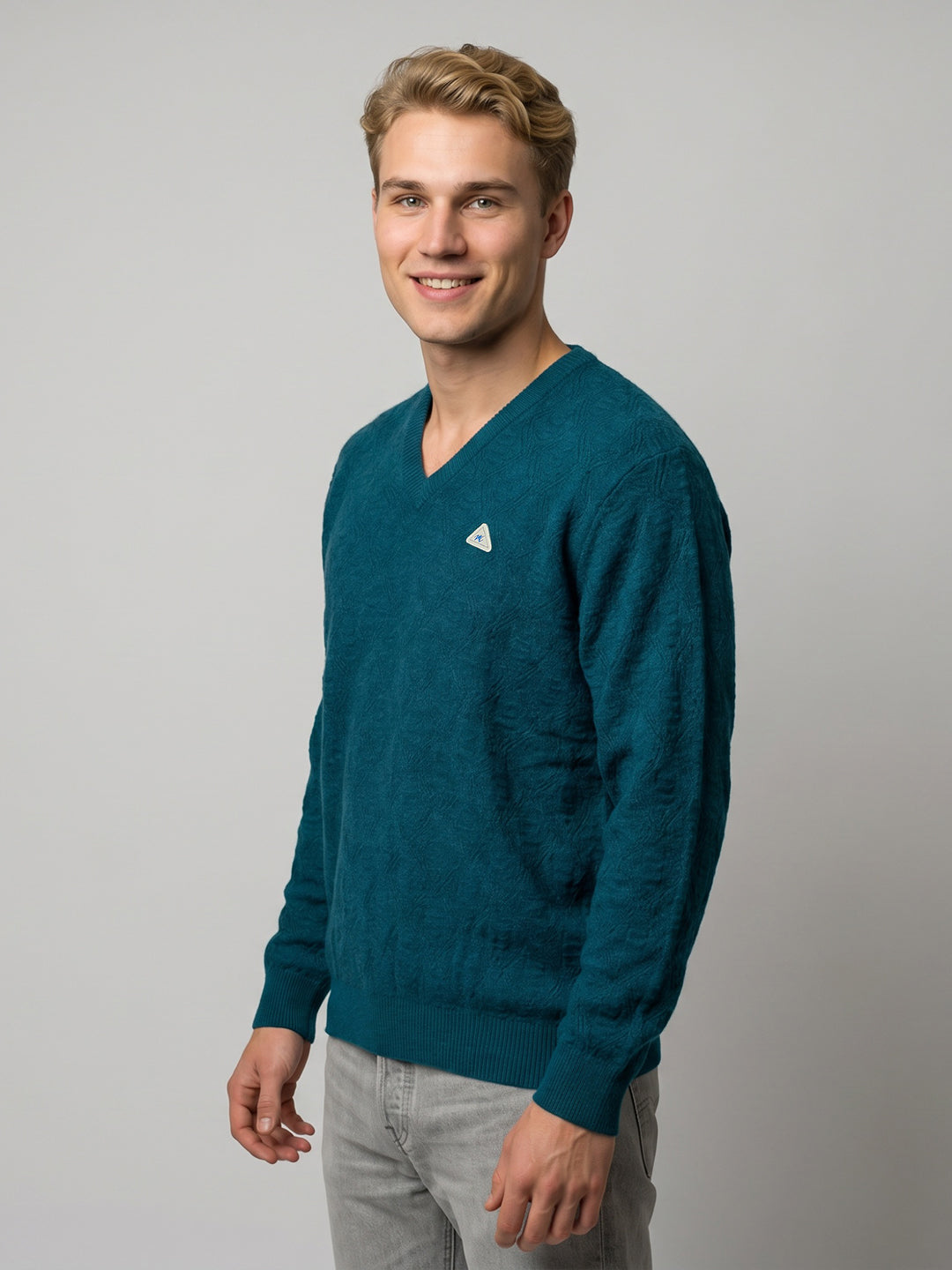 Men Teal Blue Self Design V Neck Full Sleeve Pullover