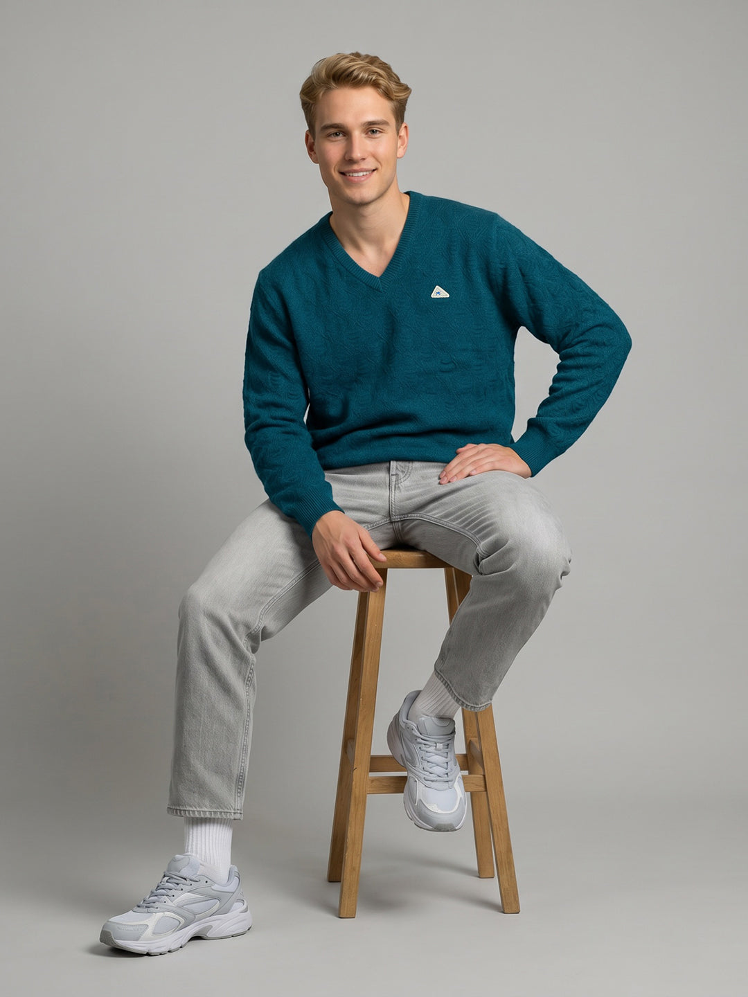Men Teal Blue Self Design V Neck Full Sleeve Pullover