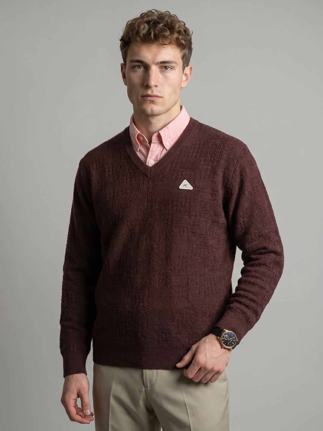 Men Brown Self Design V Neck Full Sleeve Pullover