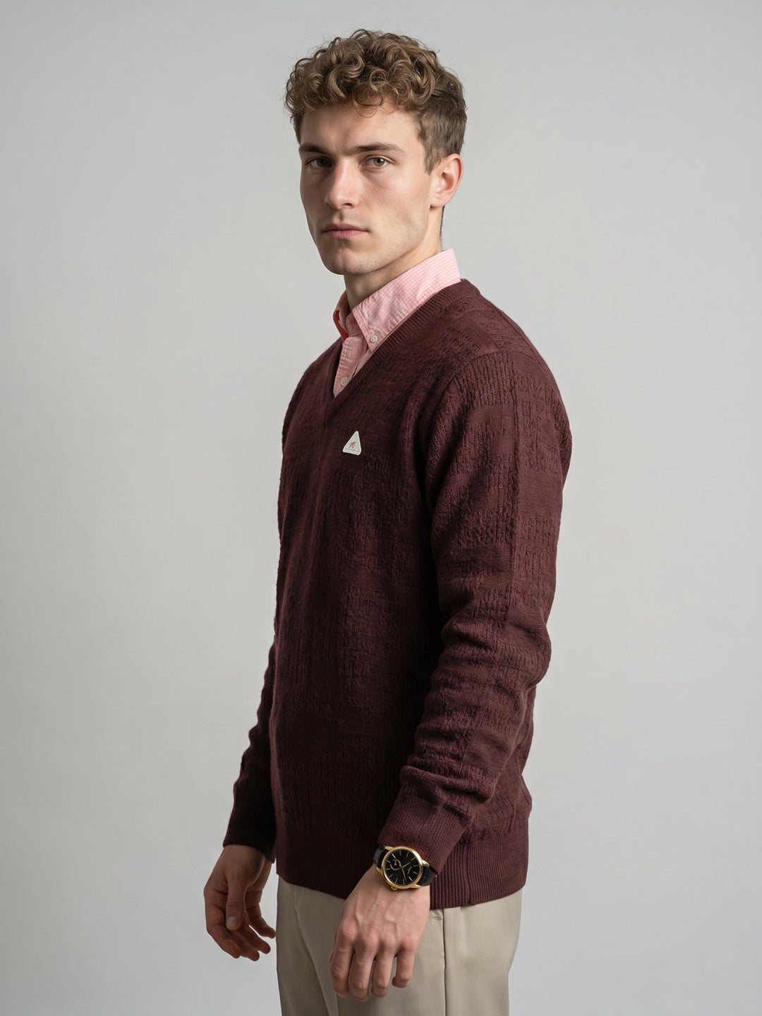 Men Brown Self Design V Neck Full Sleeve Pullover