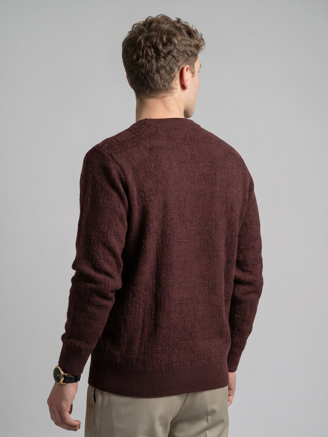 Men Brown Self Design V Neck Full Sleeve Pullover