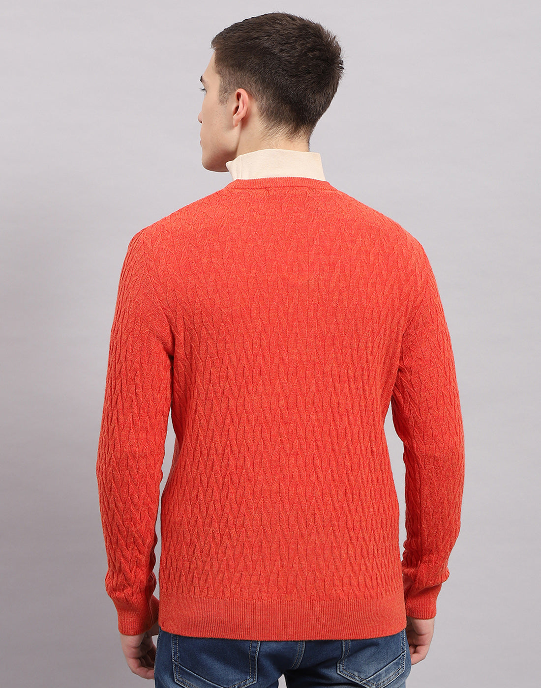 Men Orange Self Design V Neck Full Sleeve Pullover