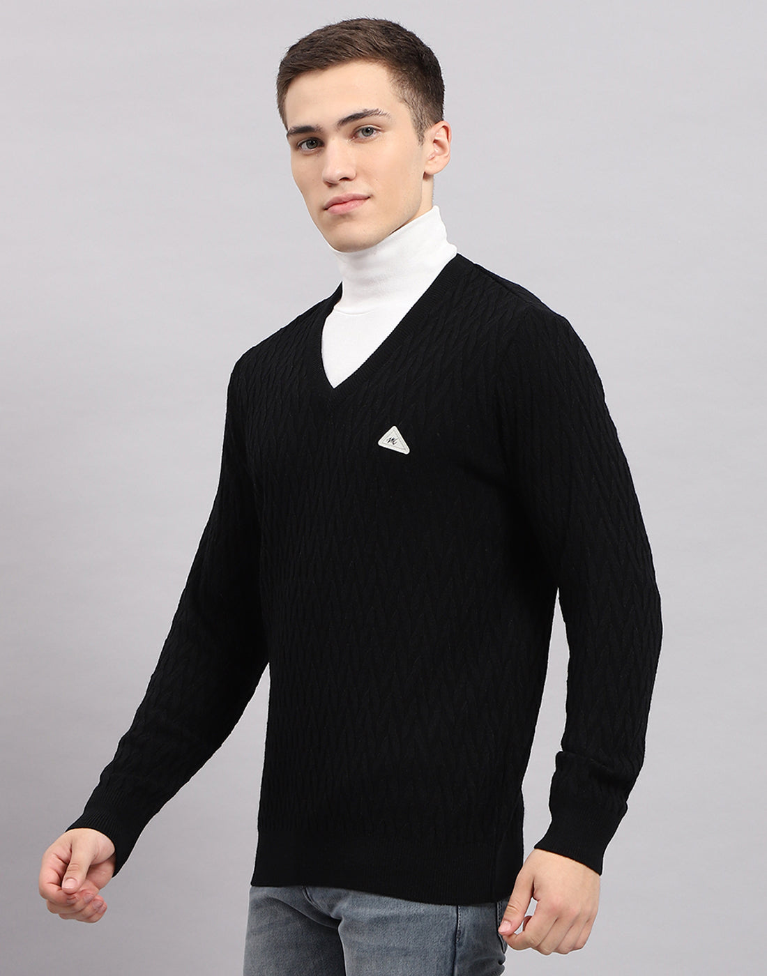 Men Black Self Design V Neck Full Sleeve Pullover