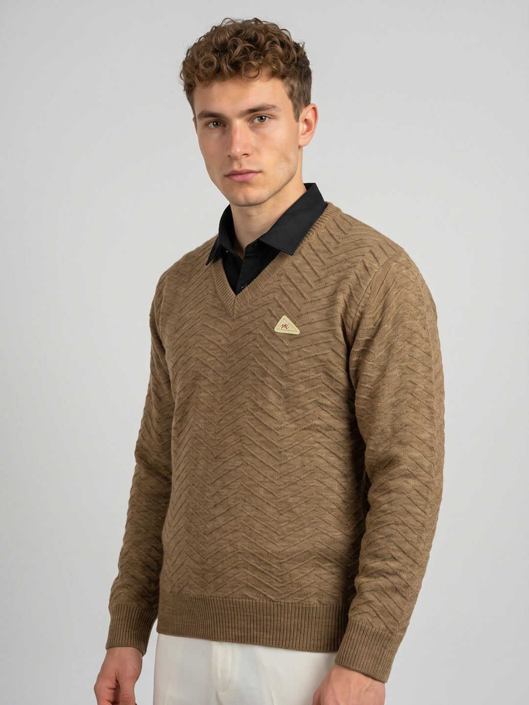Men Brown Self Design V Neck Full Sleeve Pullover