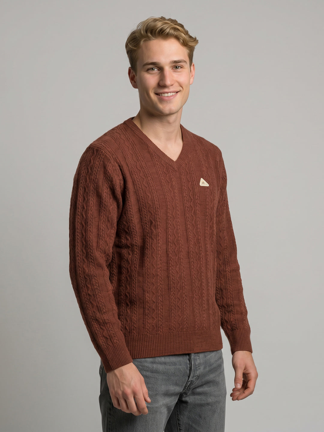 Men Rust Self Design V Neck Full Sleeve Pullover