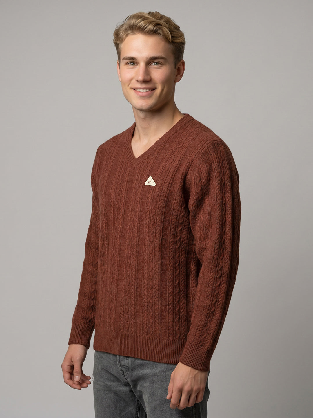 Men Rust Self Design V Neck Full Sleeve Pullover