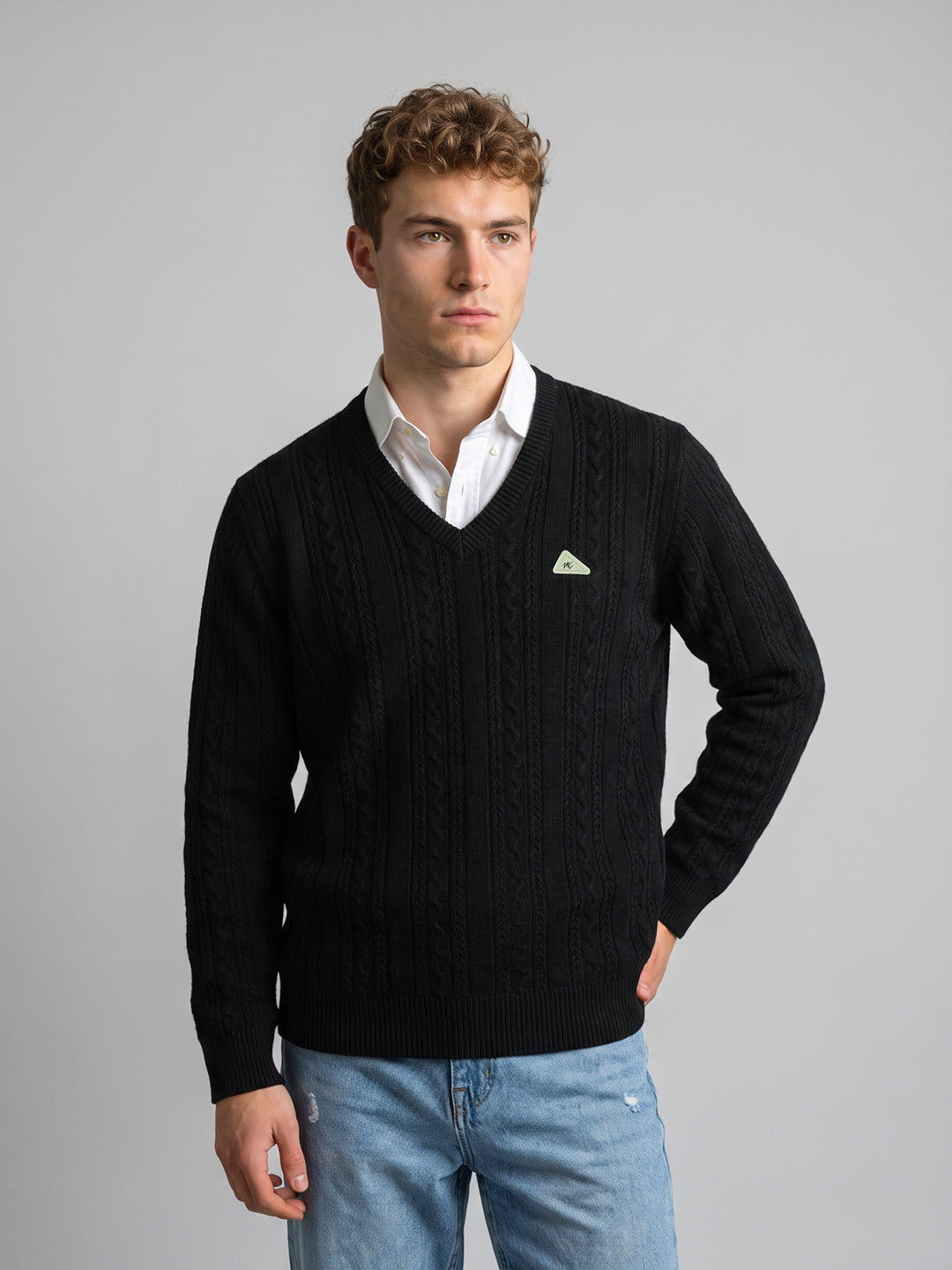 Men Black Self Design V Neck Full Sleeve Pullover