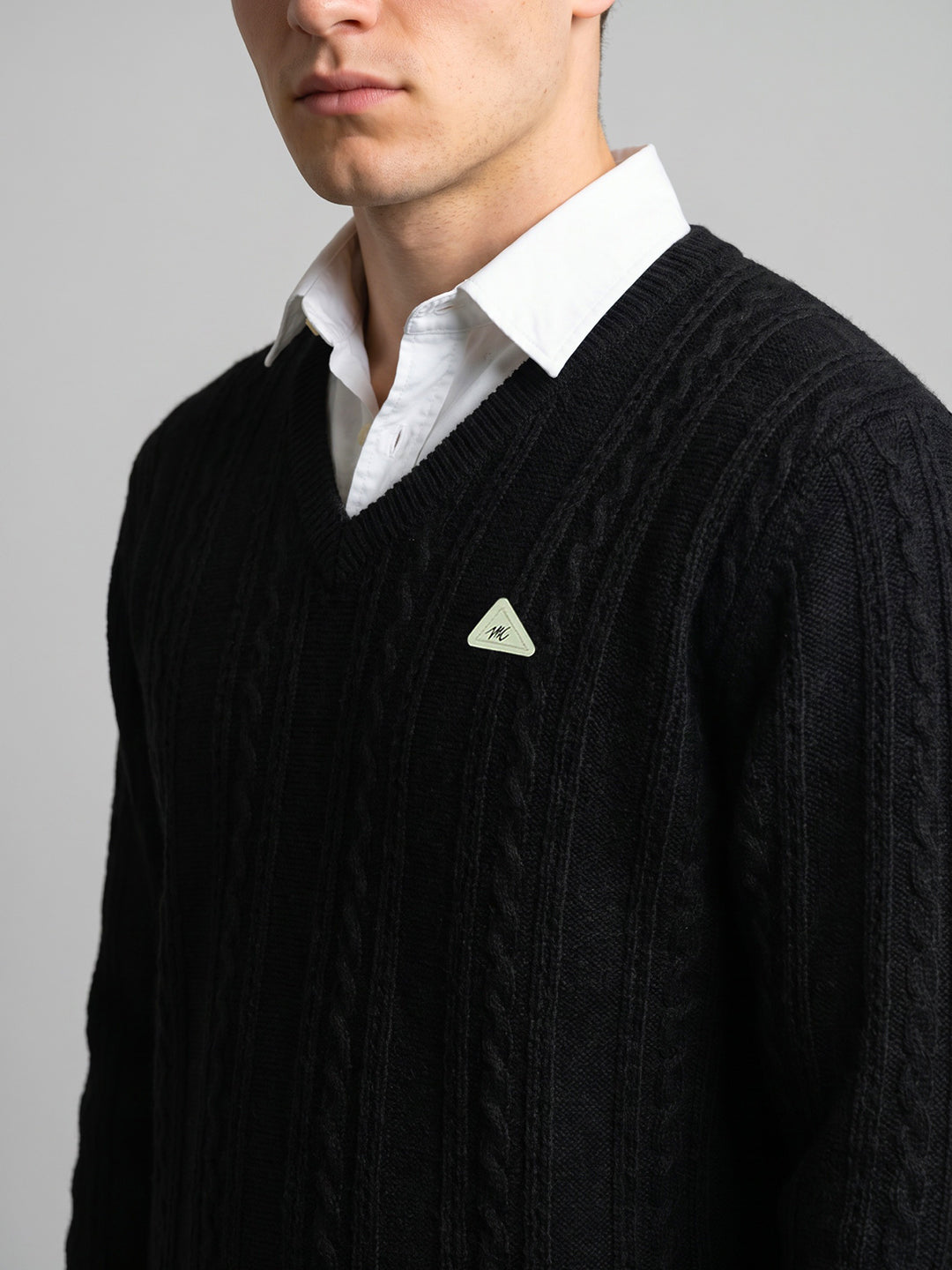 Men Black Self Design V Neck Full Sleeve Pullover