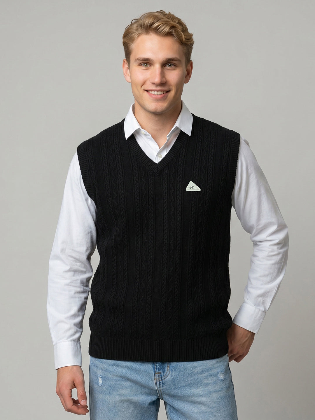 Men Black Self Design V Neck Sleeveless Sweater