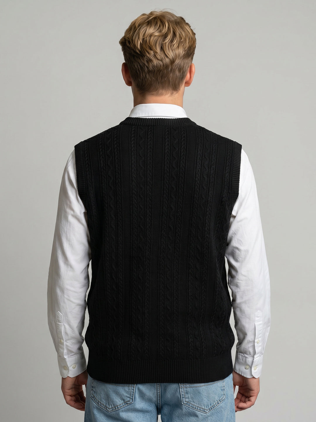 Men Black Self Design V Neck Sleeveless Sweater